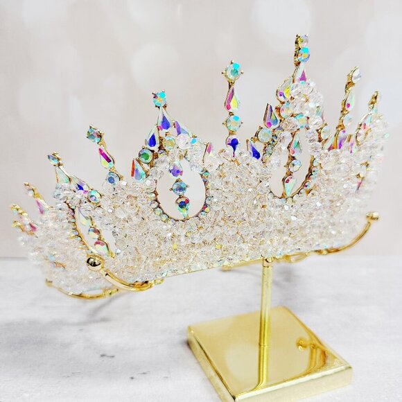 Gold Princess Crown, Prom headpiece, Bridal tiara, Diamond Crystal wedding crown main image 4
